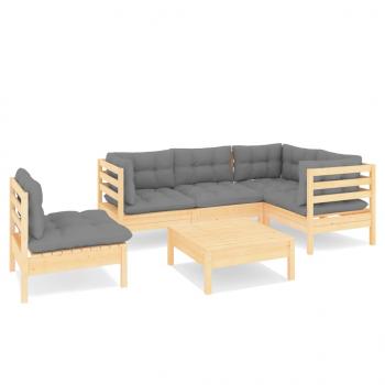 6-tlg. Garten-Lounge-Set mit Grauen Kissen Kiefernholz