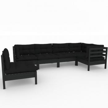 6-tlg. Garten-Lounge-Set mit Kissen Schwarz Kiefernholz