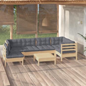 ARDEBO.de - 7-tlg. Garten-Lounge-Set mit Grauen Kissen Kiefernholz