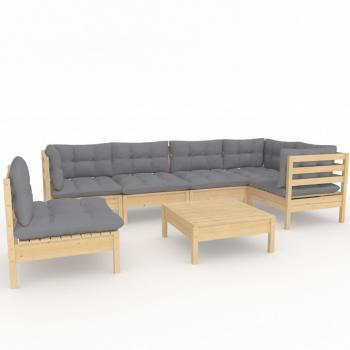 7-tlg. Garten-Lounge-Set mit Grauen Kissen Kiefernholz