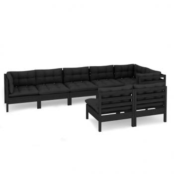 8-tlg. Garten-Lounge-Set mit Kissen Schwarz Massivholz Kiefer