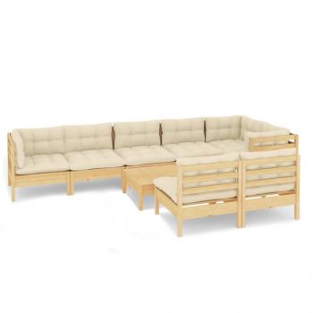 9-tlg. Garten-Lounge-Set mit Creme Kissen Massivholz Kiefer