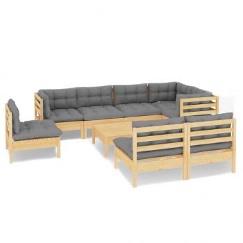 9-tlg. Garten-Lounge-Set mit Grauen Kissen Kiefer Massivholz