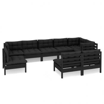 9-tlg. Garten-Lounge-Set mit Kissen Schwarz Massivholz Kiefer