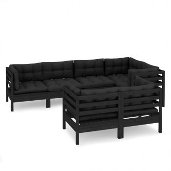 7-tlg. Garten-Lounge-Set mit Kissen Schwarz Massivholz Kiefer