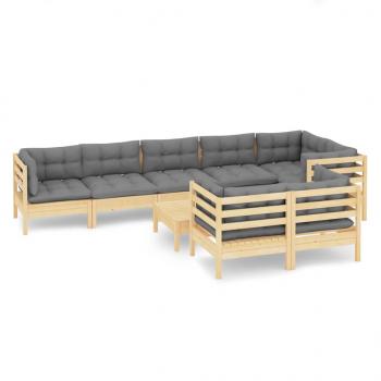 9-tlg. Garten-Lounge-Set mit Grauen Kissen Kiefer Massivholz