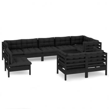 9-tlg. Garten-Lounge-Set mit Kissen Schwarz Kiefer Massivholz