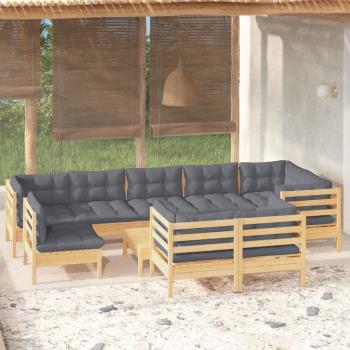 ARDEBO.de - 10-tlg. Garten-Lounge-Set mit Grauen Kissen Kiefer Massivholz