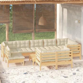 ARDEBO.de - 10-tlg. Garten-Lounge-Set mit Creme Kissen Massivholz Kiefer