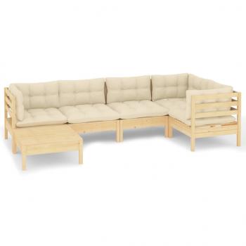 6-tlg. Garten-Lounge-Set mit Creme Kissen Massivholz Kiefer