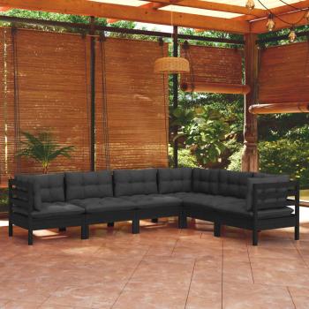 ARDEBO.de - 6-tlg. Garten-Lounge-Set mit Kissen Schwarz Massivholz Kiefer