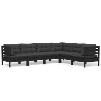 6-tlg. Garten-Lounge-Set mit Kissen Schwarz Massivholz Kiefer