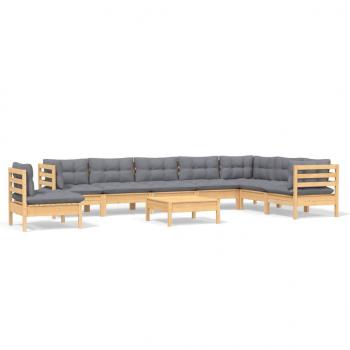 9-tlg. Garten-Lounge-Set mit Grauen Kissen Kiefer Massivholz