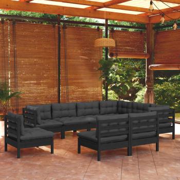 ARDEBO.de - 9-tlg. Garten-Lounge-Set mit Kissen Schwarz Massivholz Kiefer