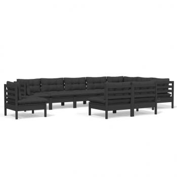 10-tlg. Garten-Lounge-Set mit Kissen Schwarz Massivholz Kiefer