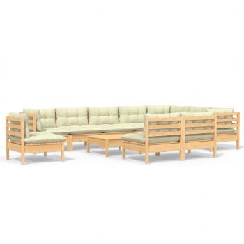 11-tlg. Garten-Lounge-Set mit Creme Kissen Massivholz Kiefer