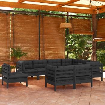 ARDEBO.de - 9-tlg. Garten-Lounge-Set mit Kissen Schwarz Kiefer Massivholz