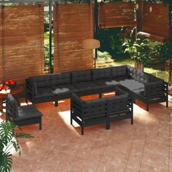 ARDEBO.de - 10-tlg. Garten-Lounge-Set mit Kissen Schwarz Massivholz Kiefer