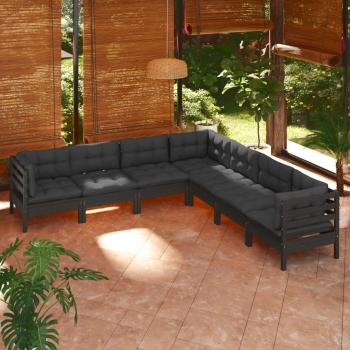 ARDEBO.de - 7-tlg. Garten-Lounge-Set mit Kissen Schwarz Kiefer Massivholz