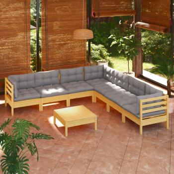 ARDEBO.de - 8-tlg. Garten-Lounge-Set mit Grauen Kissen Kiefer Massivholz