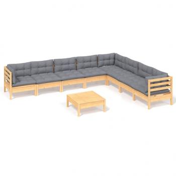 9-tlg. Garten-Lounge-Set mit Grauen Kissen Kiefer Massivholz