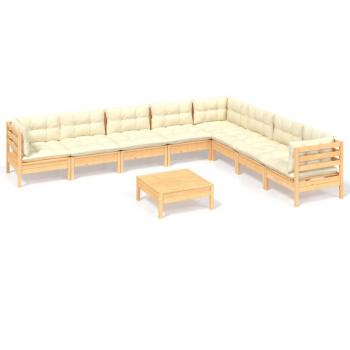 9-tlg. Garten-Lounge-Set mit Creme Kissen Massivholz Kiefer