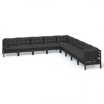 9-tlg. Garten-Lounge-Set mit Kissen Schwarz Massivholz Kiefer