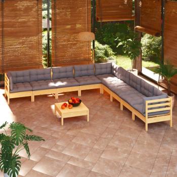 ARDEBO.de - 10-tlg. Garten-Lounge-Set mit Grauen Kissen Kiefer Massivholz