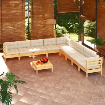 ARDEBO.de - 10-tlg. Garten-Lounge-Set mit Creme Kissen Massivholz Kiefer