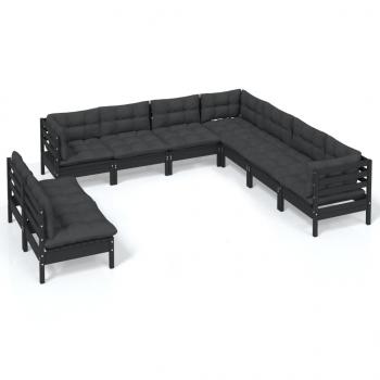 9-tlg. Garten-Lounge-Set mit Kissen Schwarz Massivholz Kiefer