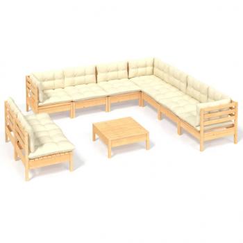 10-tlg. Garten-Lounge-Set mit Creme Kissen Massivholz Kiefer