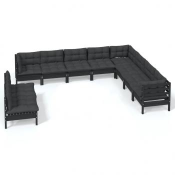 10-tlg. Garten-Lounge-Set mit Kissen Schwarz Massivholz Kiefer