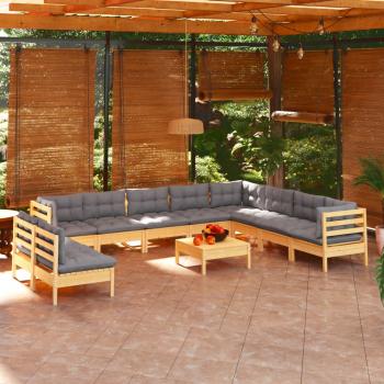 ARDEBO.de - 11-tlg. Garten-Lounge-Set mit Grauen Kissen Massivholz Kiefer