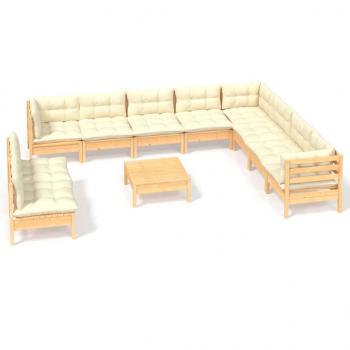 11-tlg. Garten-Lounge-Set mit Creme Kissen Massivholz Kiefer