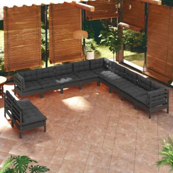 ARDEBO.de - 11-tlg. Garten-Lounge-Set mit Kissen Schwarz Massivholz Kiefer