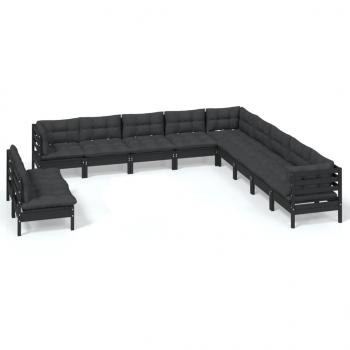 11-tlg. Garten-Lounge-Set mit Kissen Schwarz Massivholz Kiefer