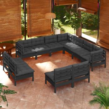 ARDEBO.de - 11-tlg. Garten-Lounge-Set mit Kissen Schwarz Massivholz Kiefer