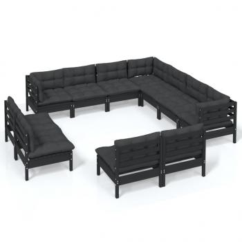 11-tlg. Garten-Lounge-Set mit Kissen Schwarz Massivholz Kiefer