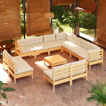 ARDEBO.de - 12-tlg. Garten-Lounge-Set mit Creme Kissen Massivholz Kiefer