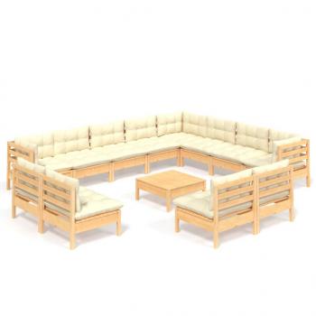 13-tlg. Garten-Lounge-Set mit Creme Kissen Massivholz Kiefer