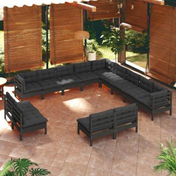 ARDEBO.de - 13-tlg. Garten-Lounge-Set mit Kissen Schwarz Massivholz Kiefer