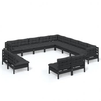 13-tlg. Garten-Lounge-Set mit Kissen Schwarz Massivholz Kiefer