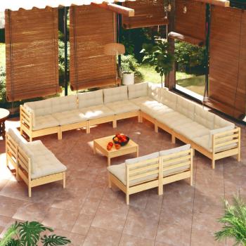 ARDEBO.de - 14-tlg. Garten-Lounge-Set mit Creme Kissen Massivholz Kiefer