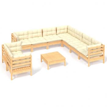 10-tlg. Garten-Lounge-Set mit Creme Kissen Massivholz Kiefer