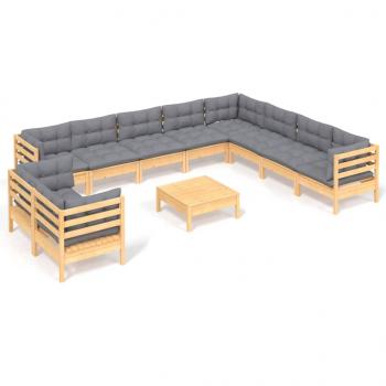 11-tlg. Garten-Lounge-Set mit Grauen Kissen Massivholz Kiefer