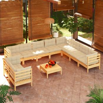 ARDEBO.de - 11-tlg. Garten-Lounge-Set mit Creme Kissen Massivholz Kiefer