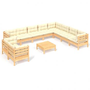 11-tlg. Garten-Lounge-Set mit Creme Kissen Massivholz Kiefer