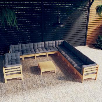 ARDEBO.de - 12-tlg. Garten-Lounge-Set mit Grauen Kissen Massivholz Kiefer