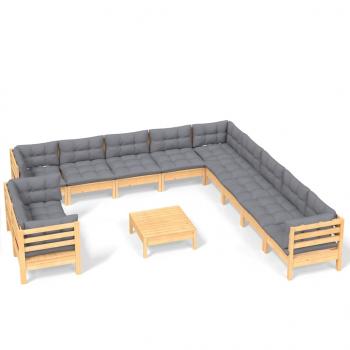 12-tlg. Garten-Lounge-Set mit Grauen Kissen Massivholz Kiefer