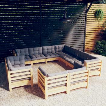 ARDEBO.de - 11-tlg. Garten-Lounge-Set mit Grauen Kissen Massivholz Kiefer